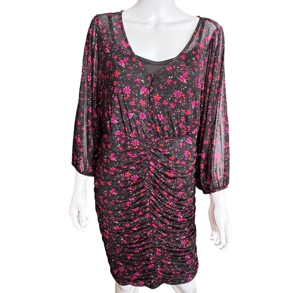 Torrid Sheer Black Floral Ruched Dress w/ Scoop Neck & Long Sleeves Size 0/L - Picture 1 of 6
